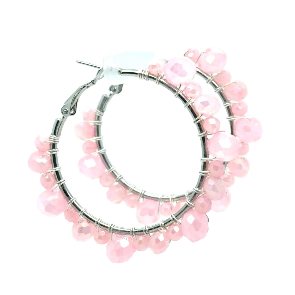 Pink Aurora Borealis Beaded Silver Hoop Earrings - Medium - Maeven in Me
