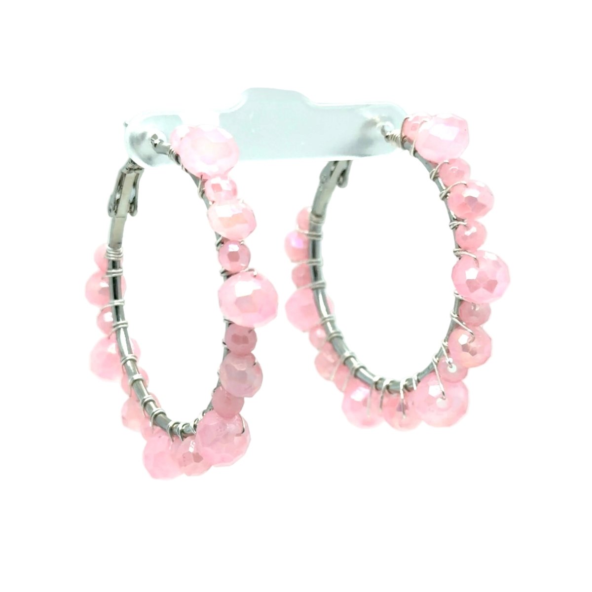 Pink Aurora Borealis Beaded Silver Hoop Earrings - Medium - Maeven in Me