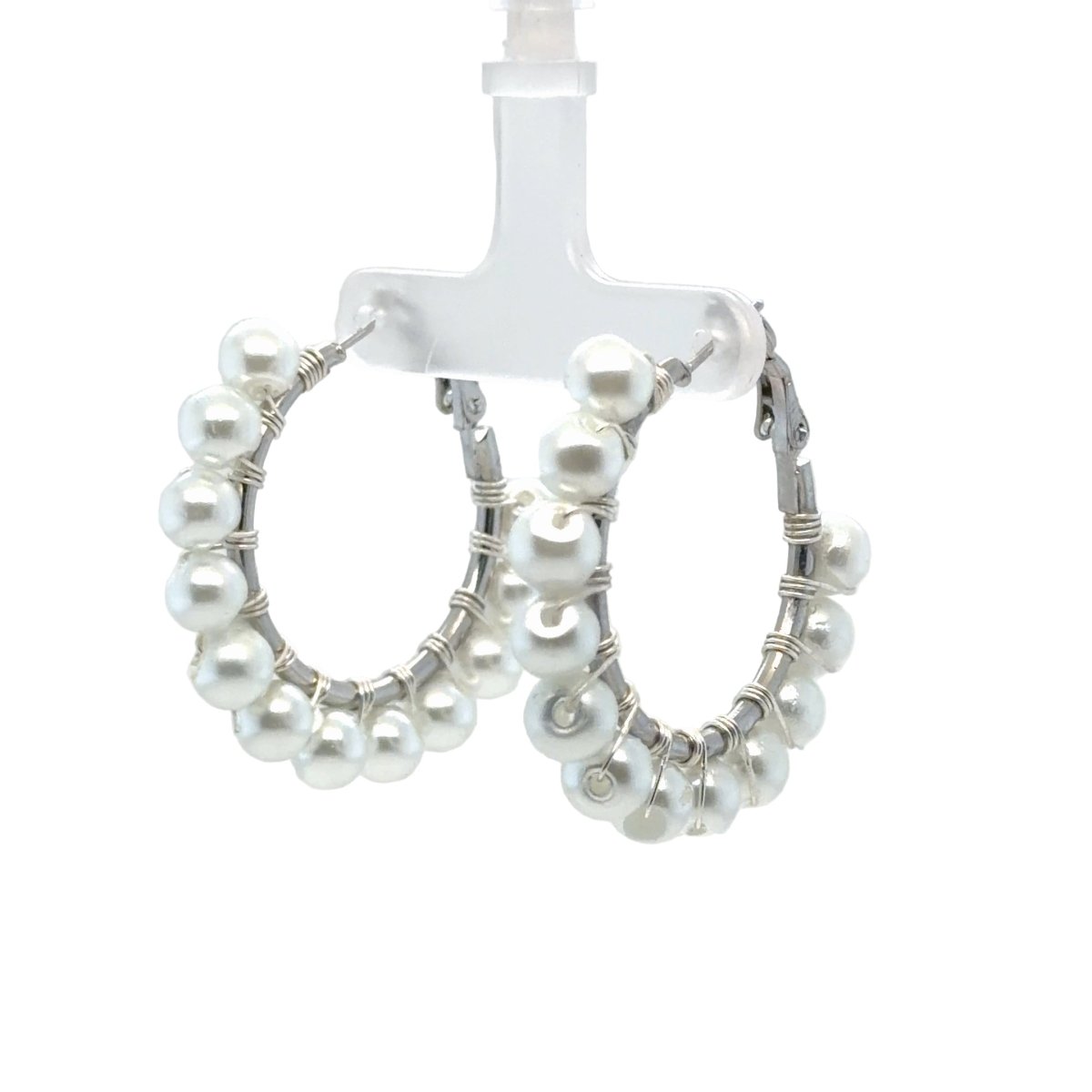 Silver Hoop Earrings with Round Pearl Beads - Small - Maeven in Me