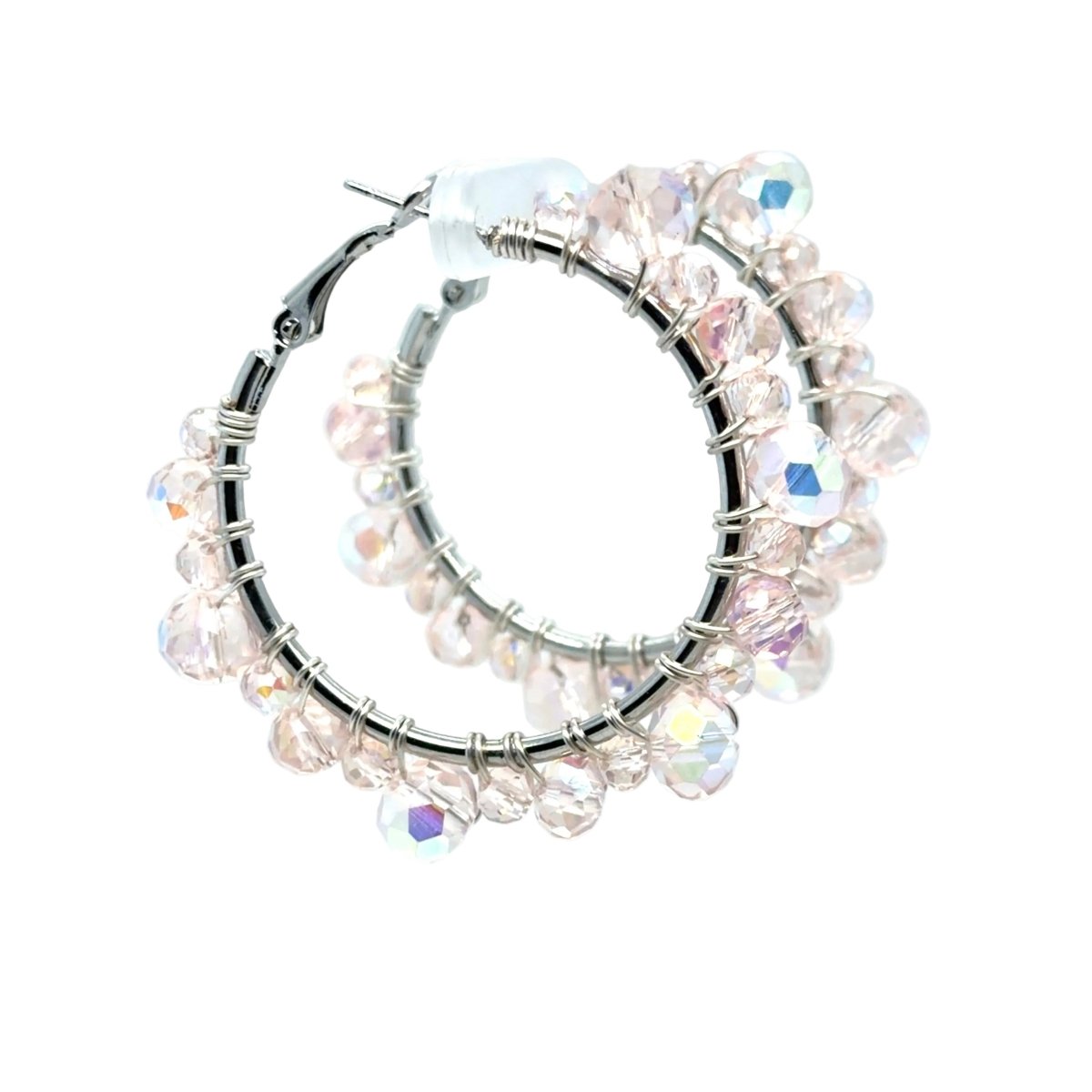 Light Pink Aurora Borealis Beaded Silver Hoop Earrings - Medium - Maeven in Me