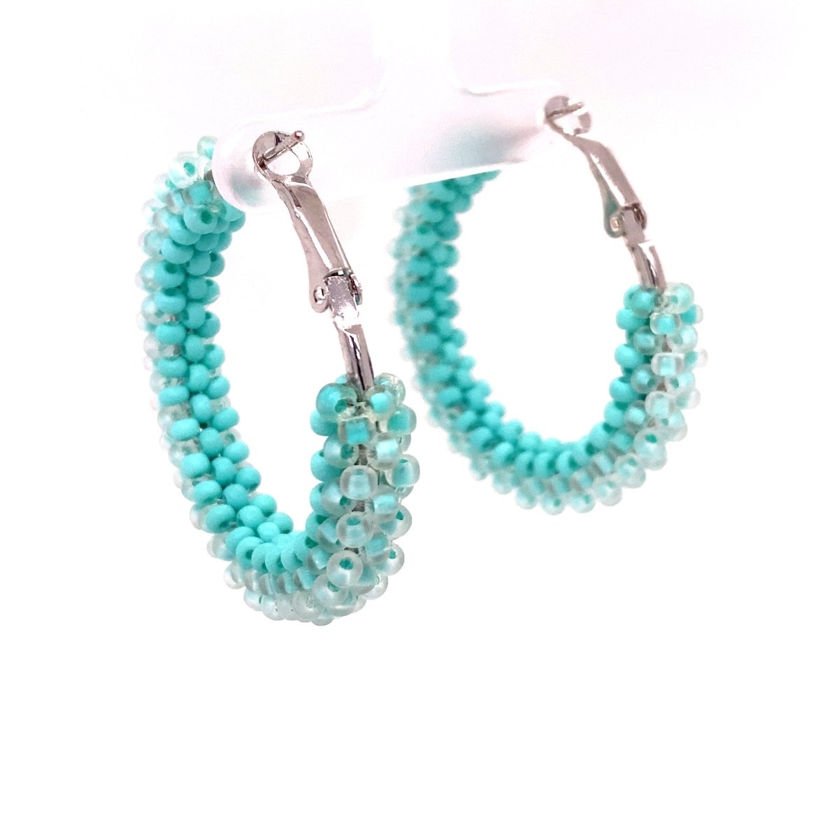 Blue Beaded Silver Hoop Earrings Medium - Maeven in Me