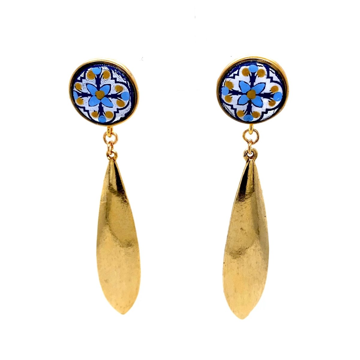 Gold & Blue Dangle Earrings With Gold Detail Large - Maeven in Me