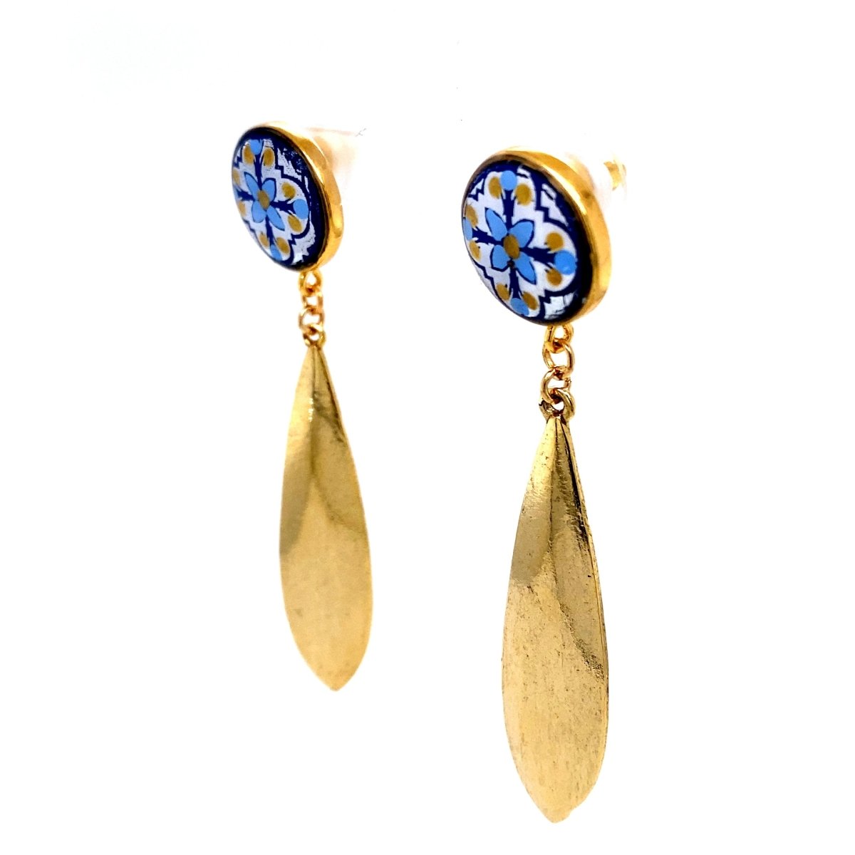 Gold & Blue Dangle Earrings With Gold Detail Large - Maeven in Me