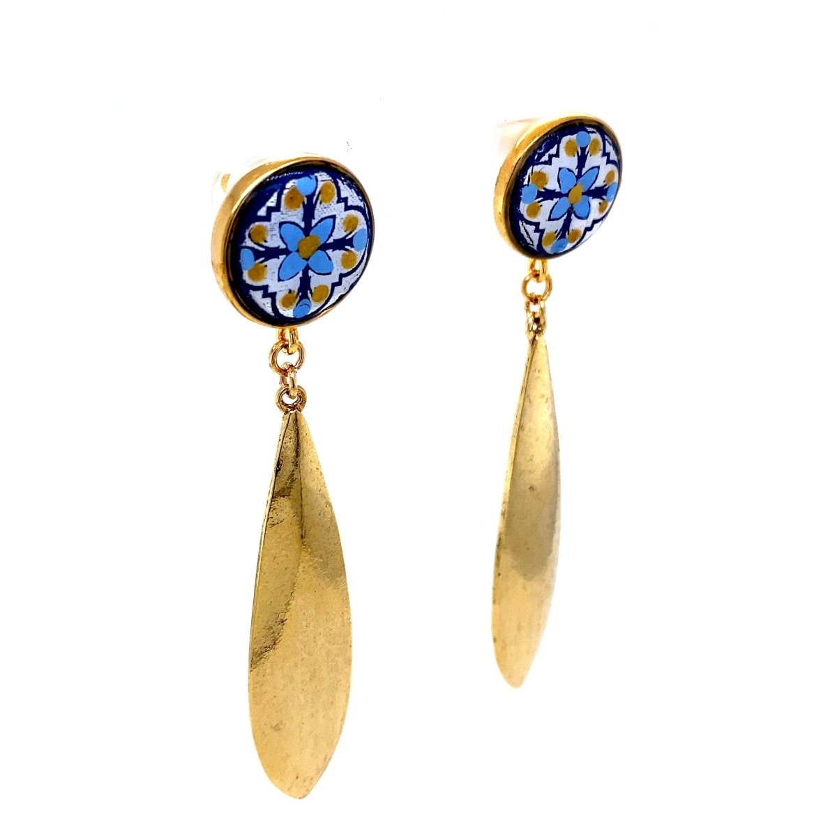 Gold & Blue Dangle Earrings With Gold Detail Large - Maeven in Me