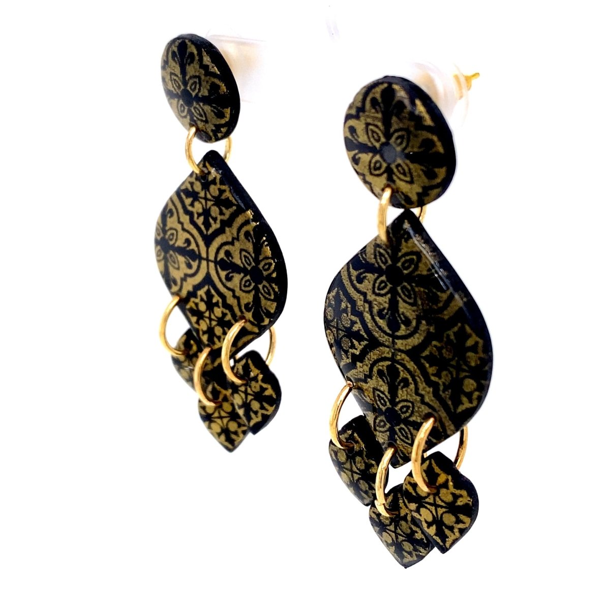 Black & Gold Dangle Earrings With Tile Detail Large - Maeven in Me