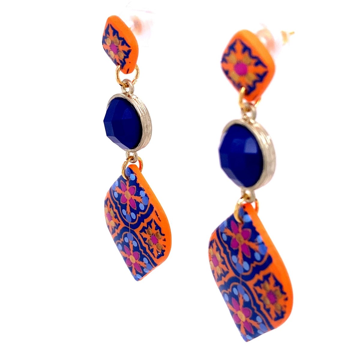 Orange & Blue Dangle Earrings With Tile Detail Large - Maeven in Me