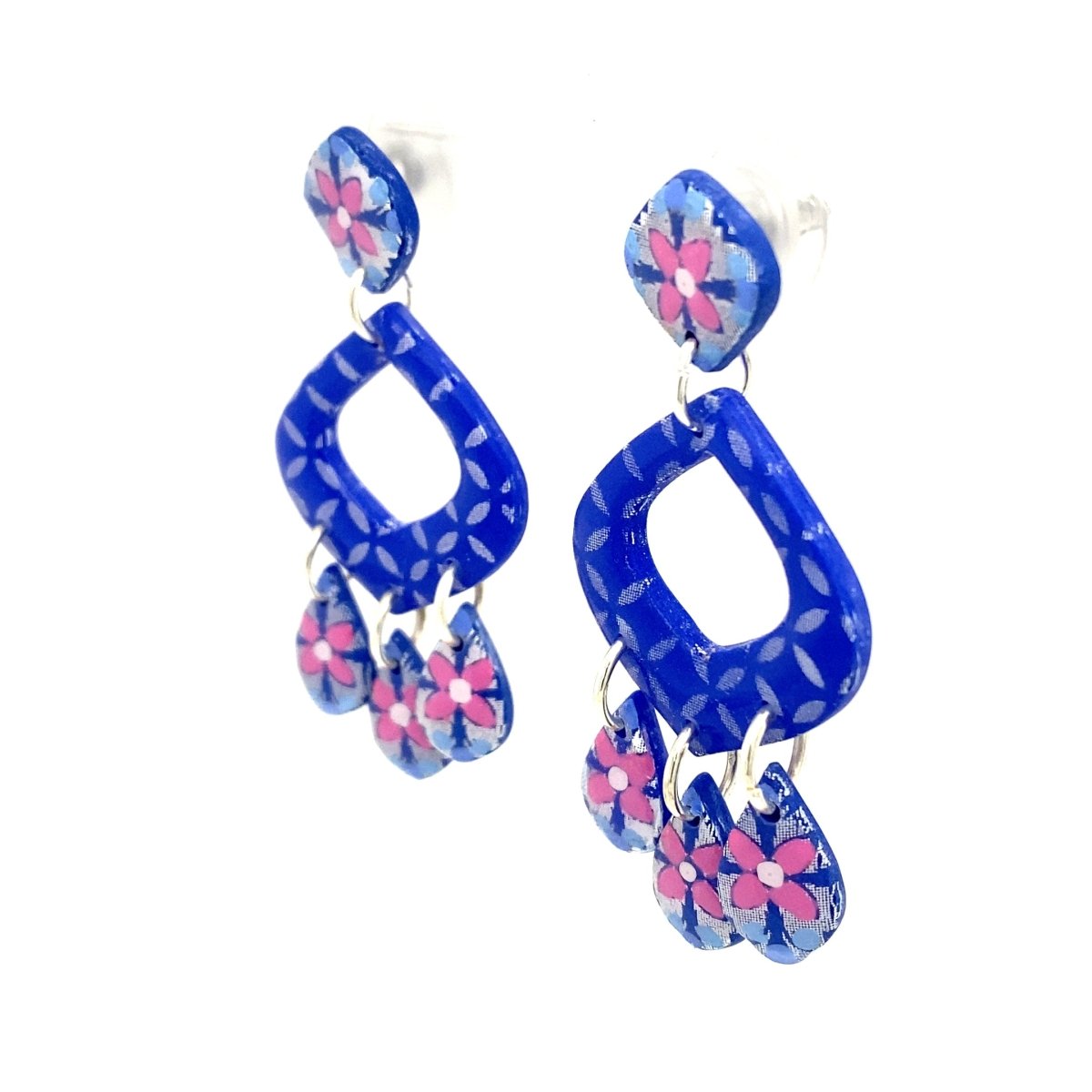 White & Blue Dangle Earrings With Tile Detail Medium - Maeven in Me