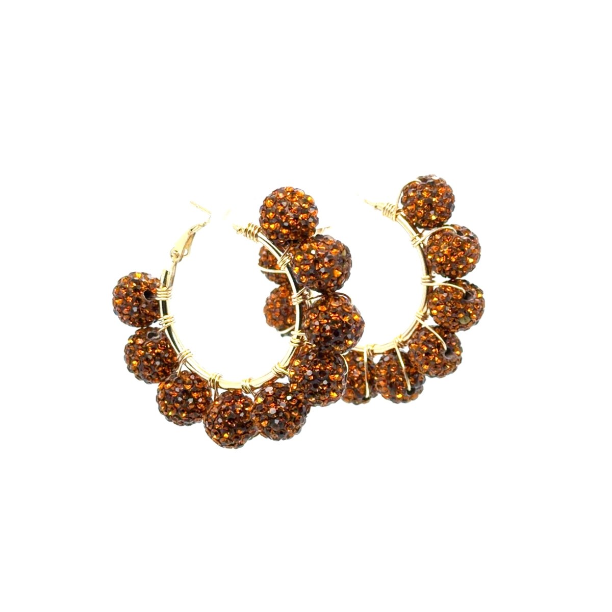 Maeven in Me gold-tone hoop earrings with amber-brown rhinestone beads, shown from the front.
