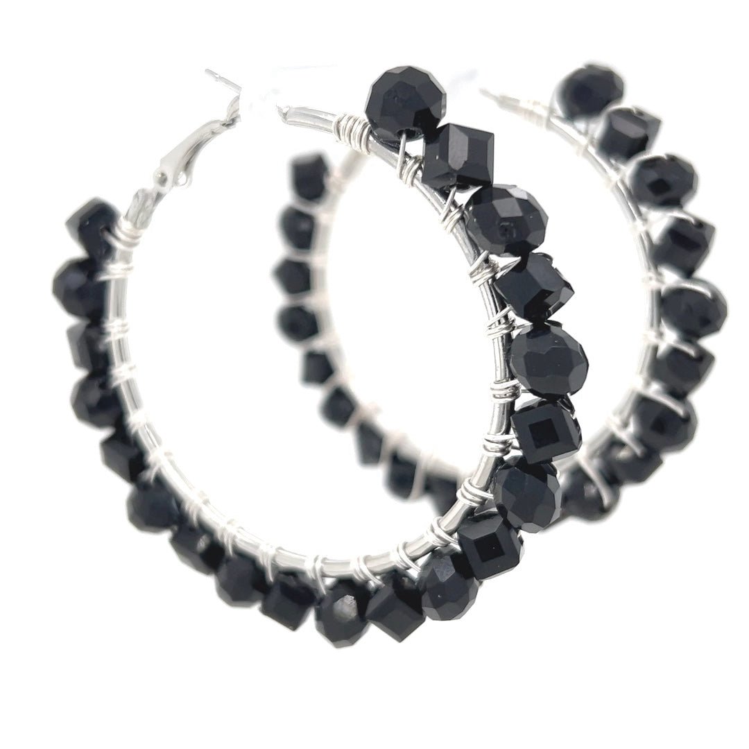 Black Beaded Silver Hoop Earrings Large - Maeven in Me