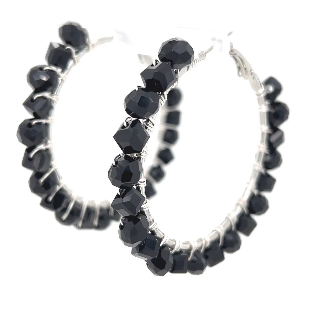 Black Beaded Silver Hoop Earrings Large - Maeven in Me
