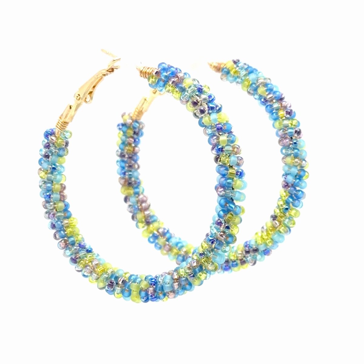 Blue & Green Beaded Gold Hoop Earrings — Large - Maeven in Me