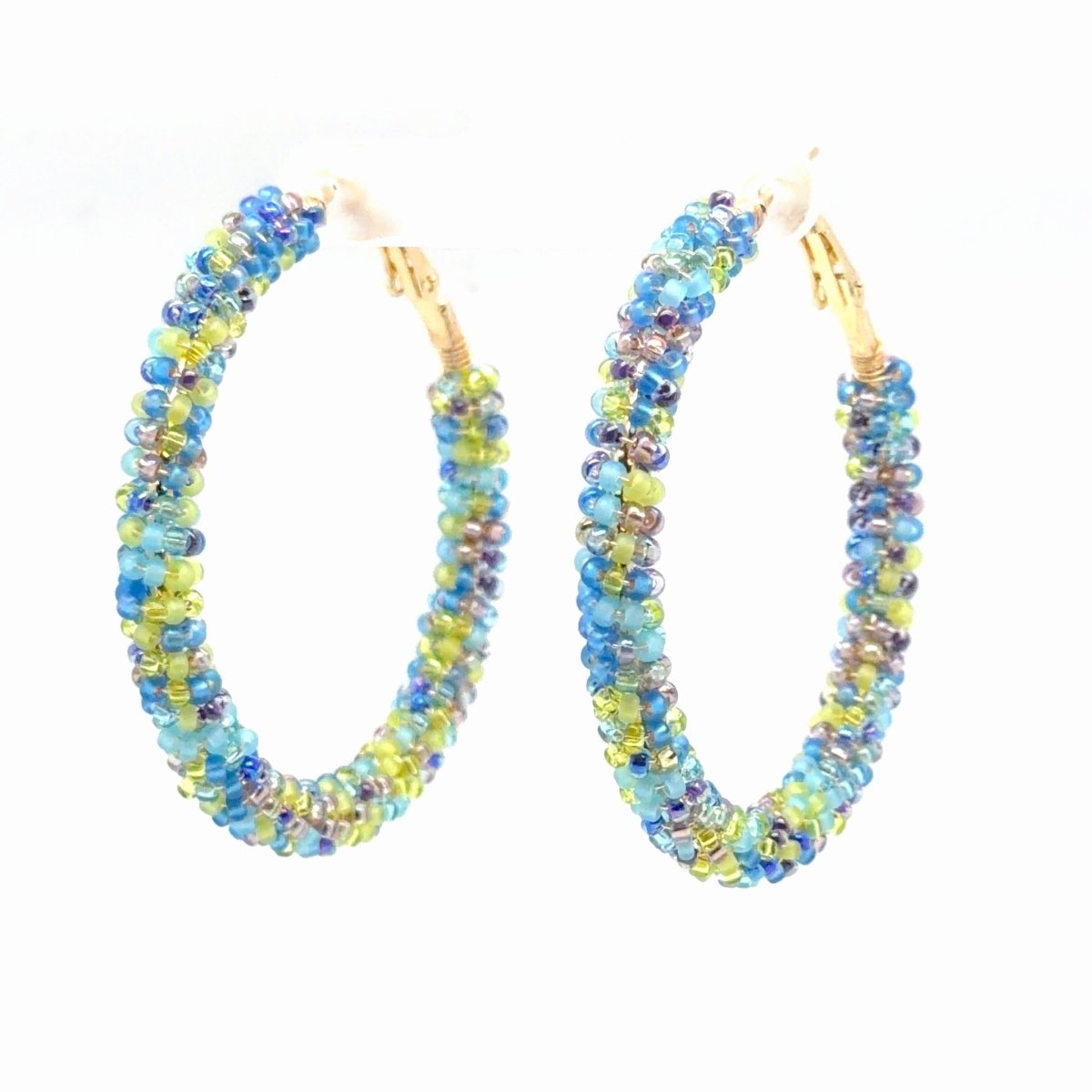 Blue & Green Beaded Gold Hoop Earrings — Large - Maeven in Me