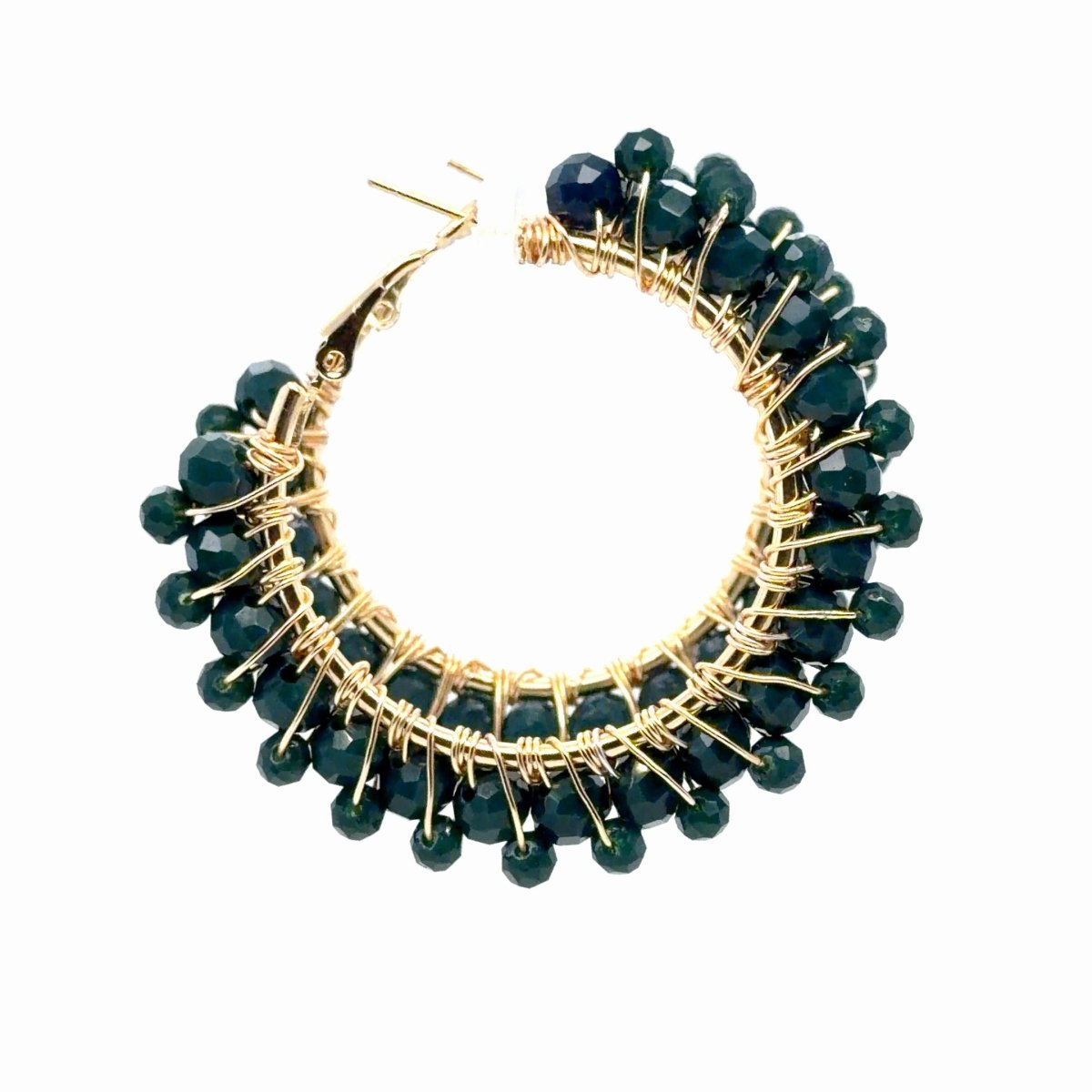 A pair of gold hoop earrings adorned with multiple rows of faceted dark green beads wrapped in gold wire, shown on a plain white background.