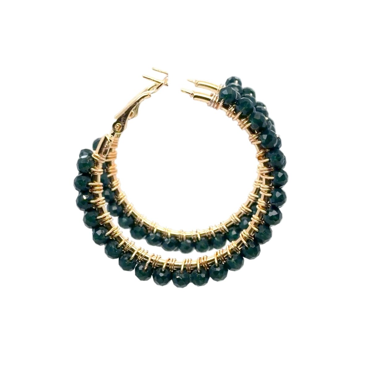 A pair of gold-tone hoop earrings with multiple strands of faceted dark green beads, shown on a plain white background.