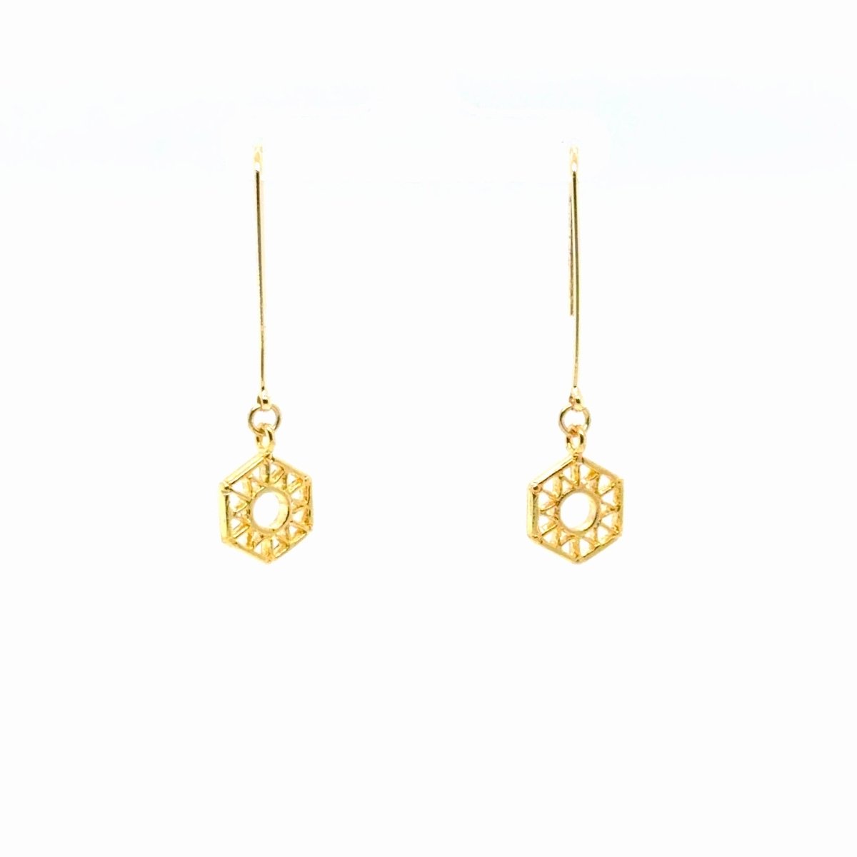 Maeven in Me gold-tone drop earrings with long hooks and openwork hexagonal charms.