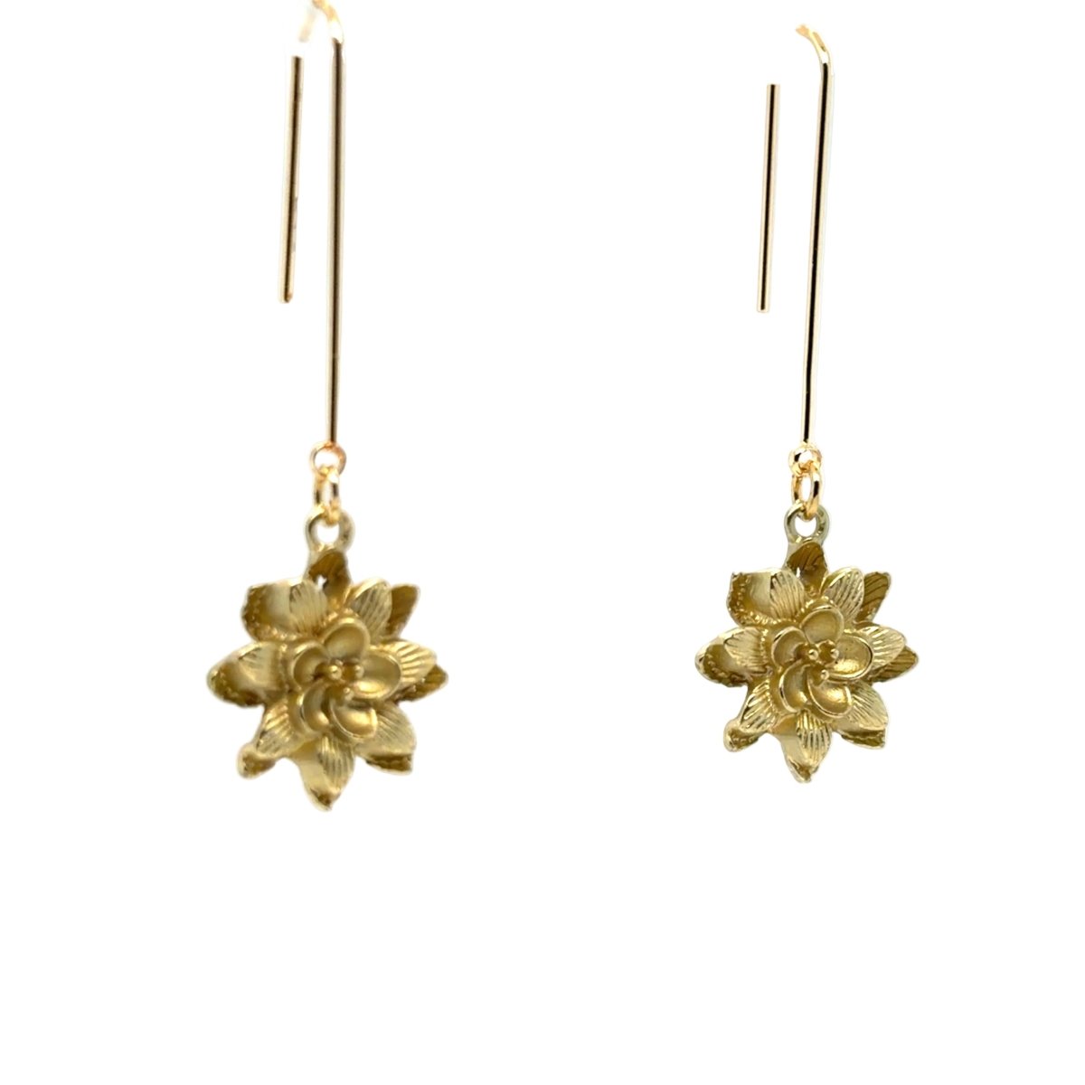 A pair of gold dangle earrings with textured flower charms and straight fishhook wires, shown against a plain white background.
