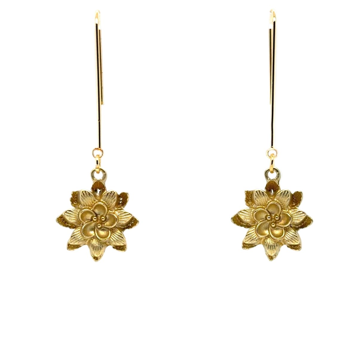 A pair of gold-toned dangle earrings with long thin posts and textured flower-shaped charms, shown on a plain white background.