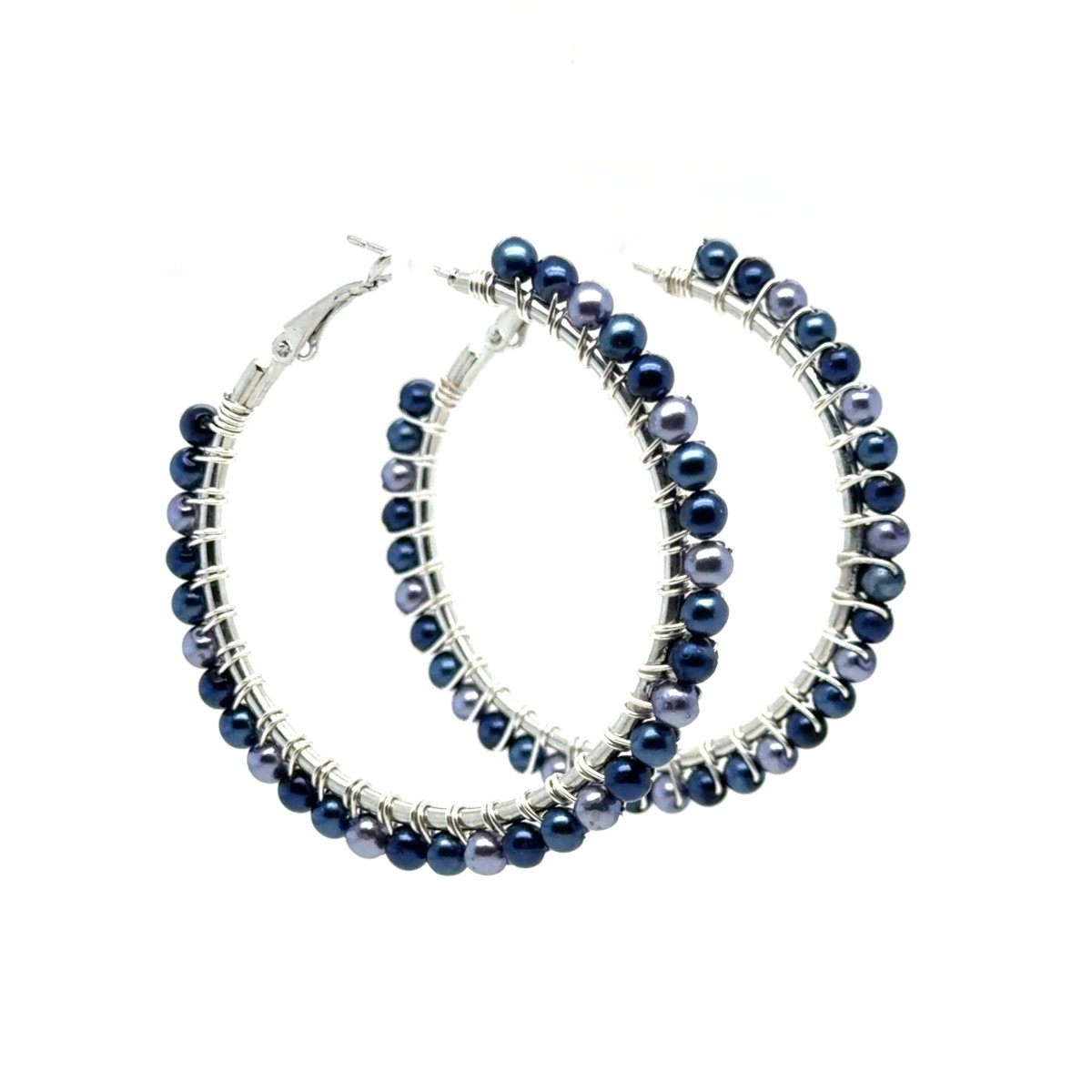 Large Three-Tone Blue Pearl Beaded Hoop Earrings - Maeven in Me