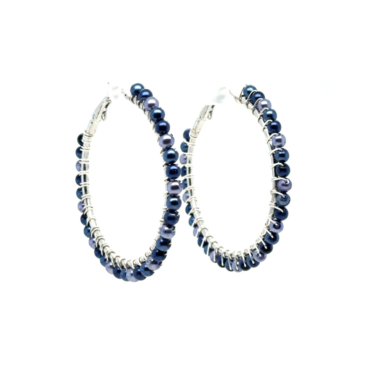 Large Three-Tone Blue Pearl Beaded Hoop Earrings - Maeven in Me