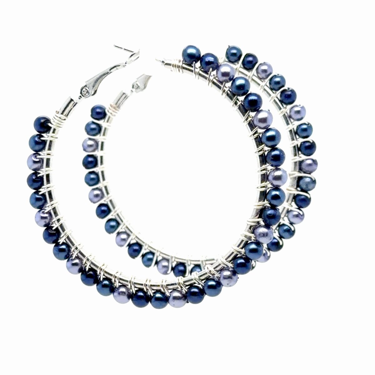 Large Three-Tone Blue Pearl Beaded Hoop Earrings - Maeven in Me