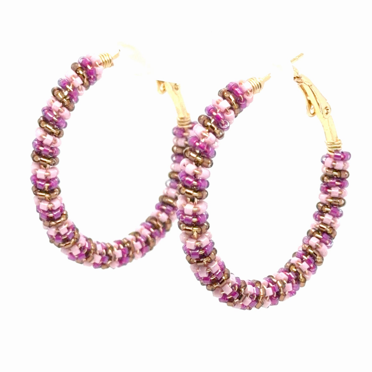 Medium Fuchsia, Brown & Alabaster Seed Bead Wrapped Hoop Earrings - Maeven in Me