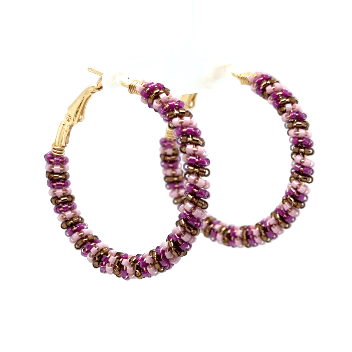 Medium Fuchsia, Brown & Alabaster Seed Bead Wrapped Hoop Earrings - Maeven in Me