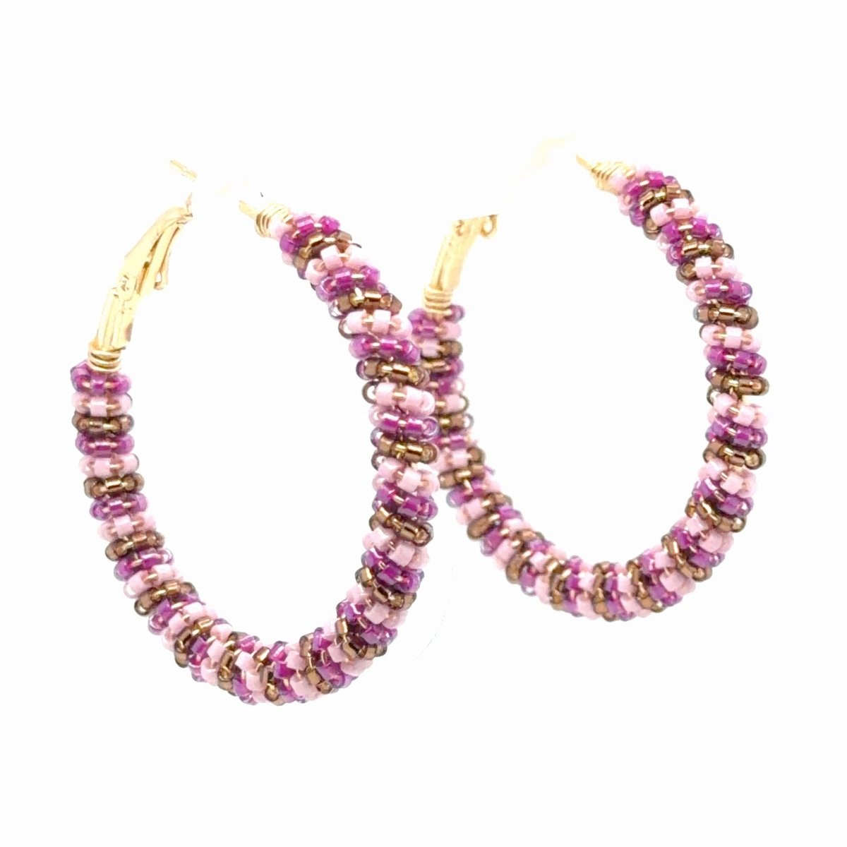 Medium Fuchsia, Brown & Alabaster Seed Bead Wrapped Hoop Earrings - Maeven in Me