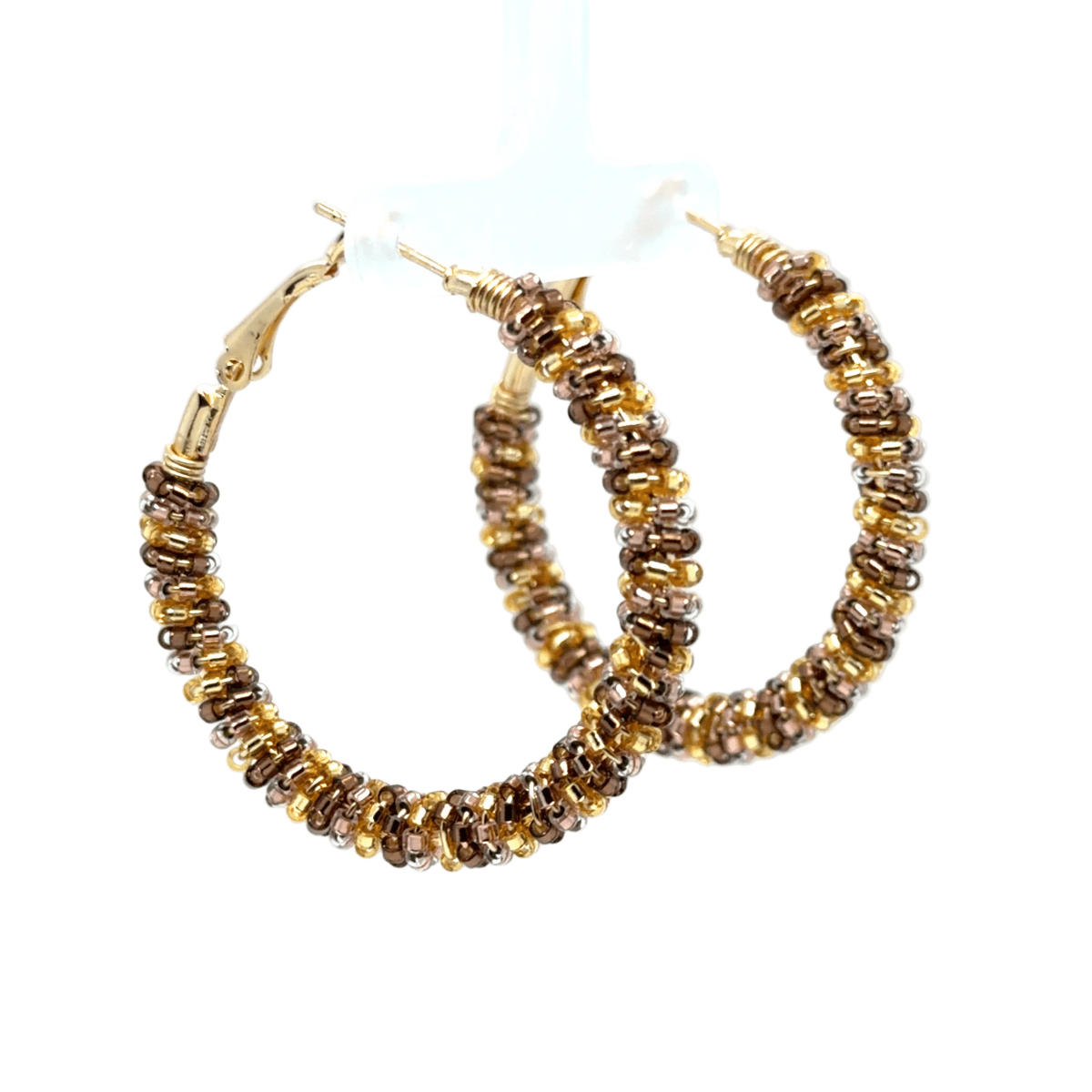 Medium Yellow Gold, Copper & Brown Seed Bead Wrapped Hoop Earrings - Maeven in Me