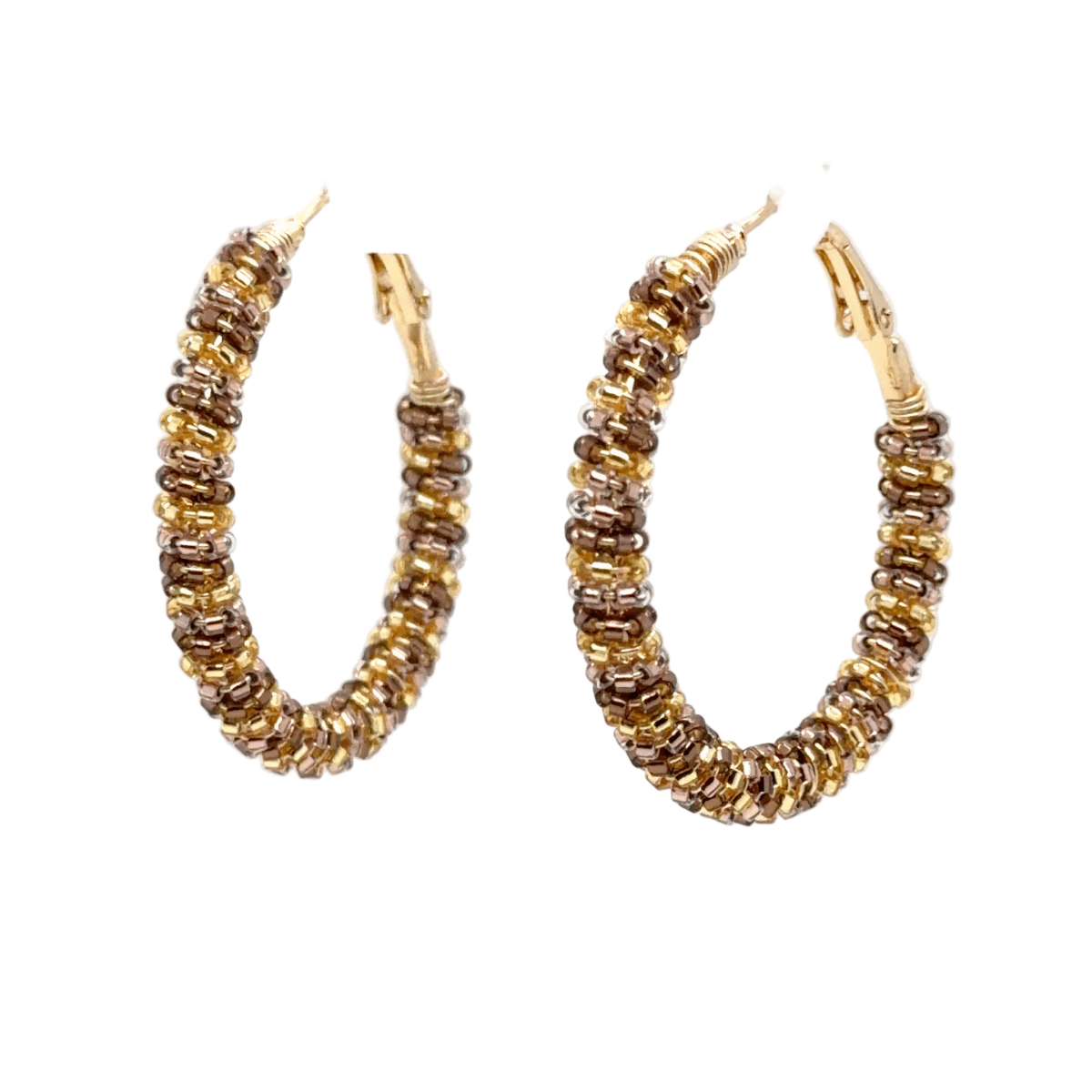 Medium Yellow Gold, Copper & Brown Seed Bead Wrapped Hoop Earrings - Maeven in Me