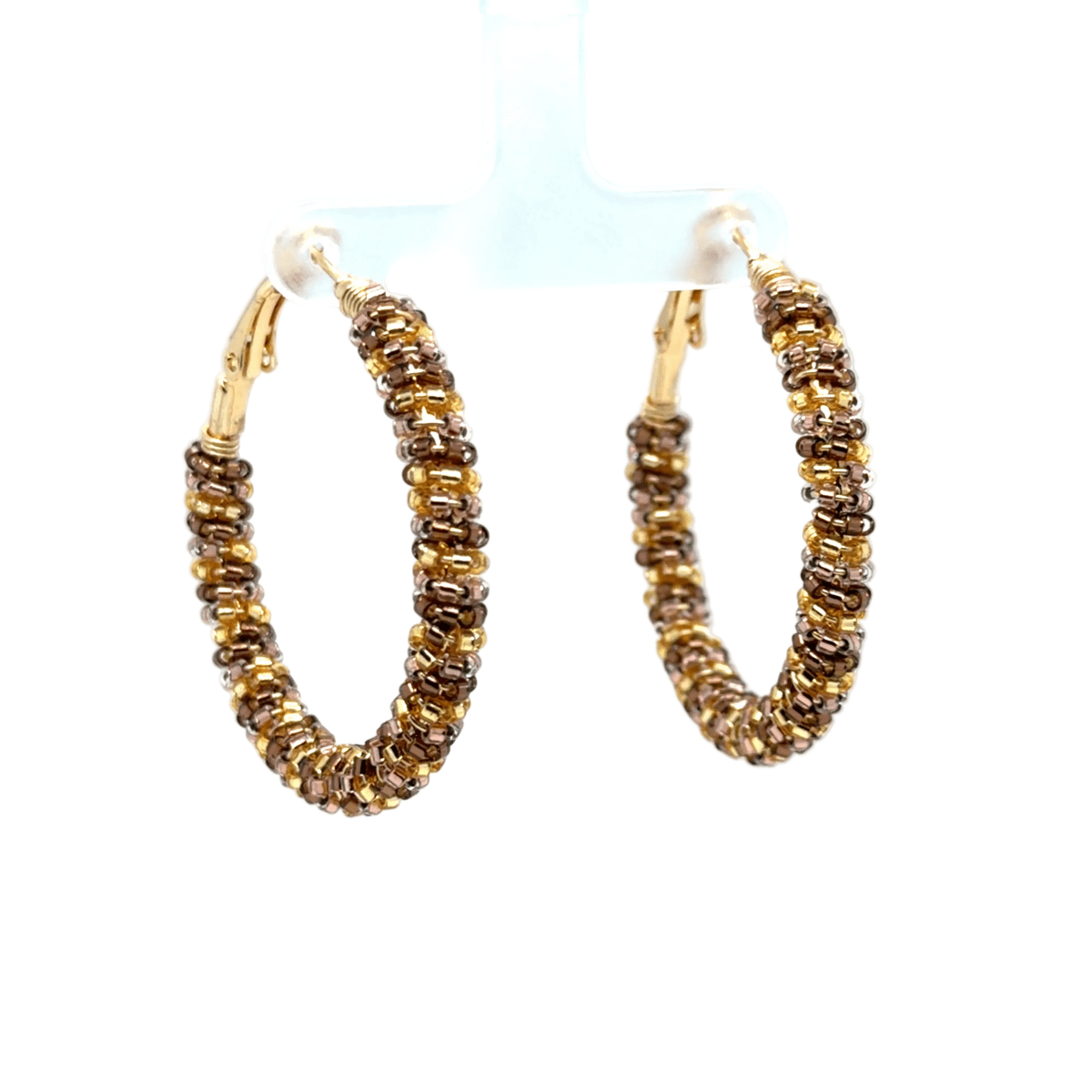 Medium Yellow Gold, Copper & Brown Seed Bead Wrapped Hoop Earrings - Maeven in Me