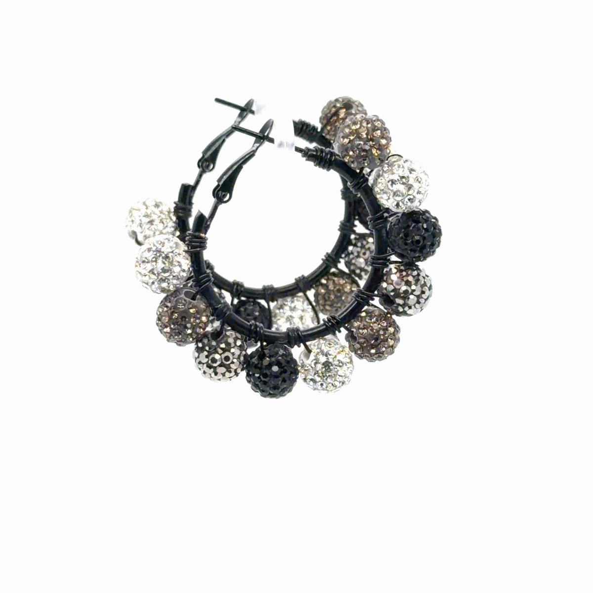 Overlapping Maeven in Me black-finish hoops with silver, black, and smoky taupe rhinestone balls and open hinged closures.