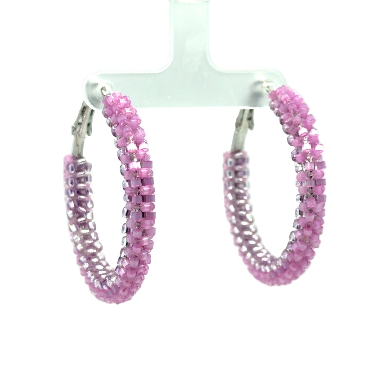 Pink Beaded Silver-Tone Hoop Earrings — Medium - Maeven in Me