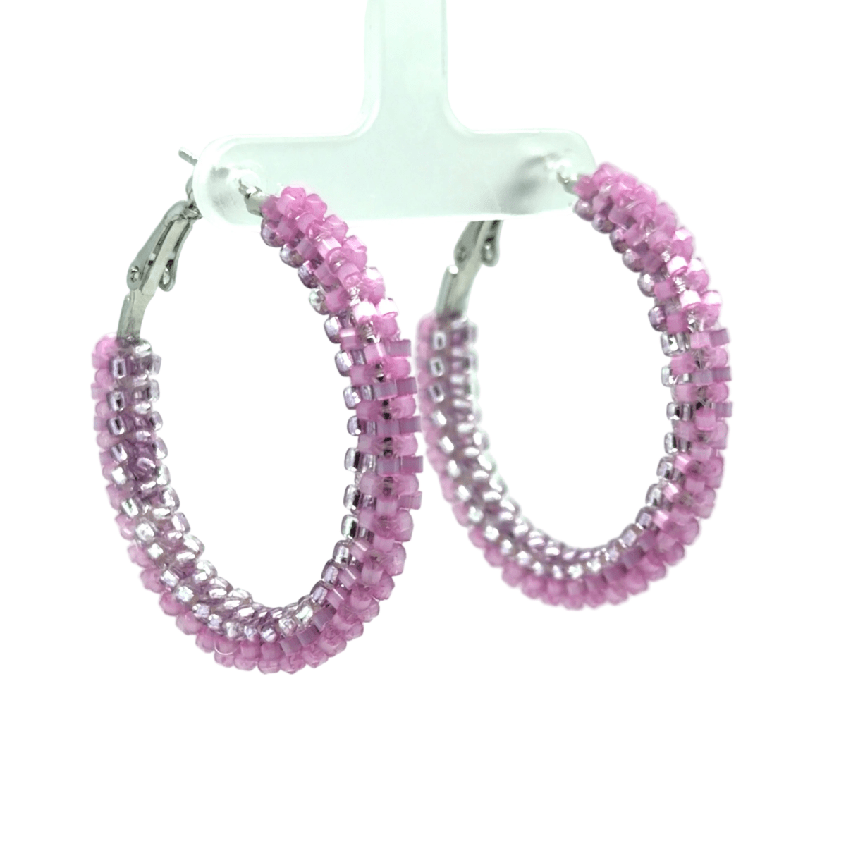 Pink Beaded Silver-Tone Hoop Earrings — Medium - Maeven in Me