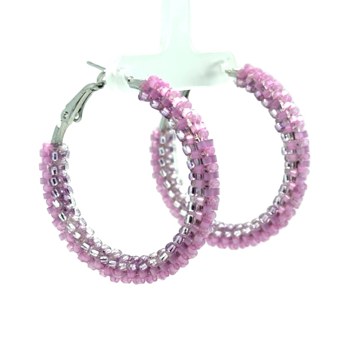 Pink Beaded Silver-Tone Hoop Earrings — Medium - Maeven in Me