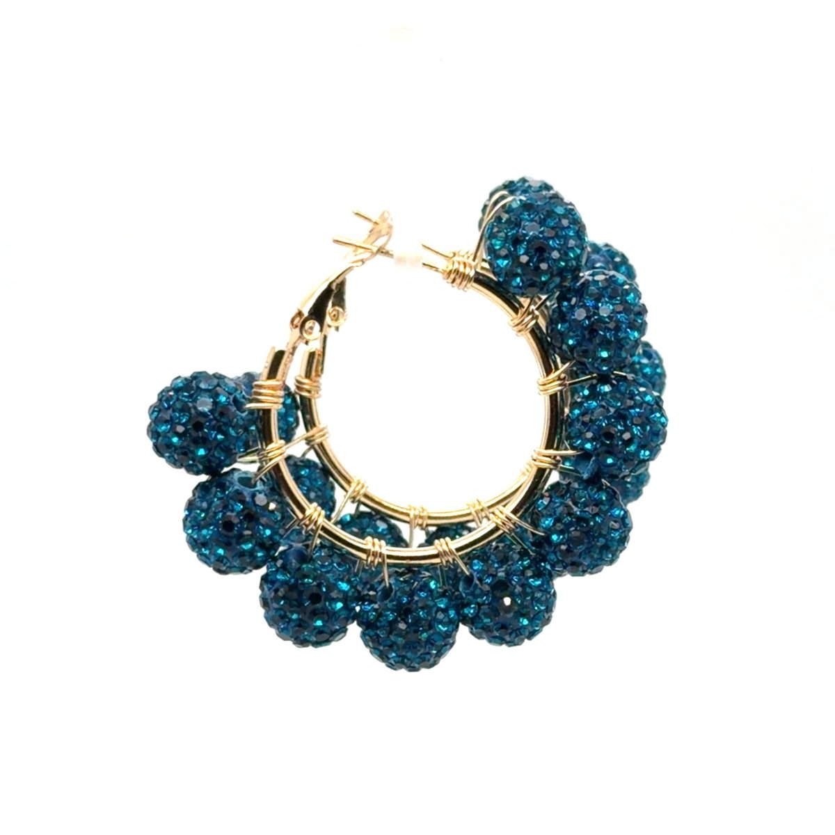A pair of gold hoop earrings adorned with multiple round, faceted teal blue beads, shown on a plain white background.