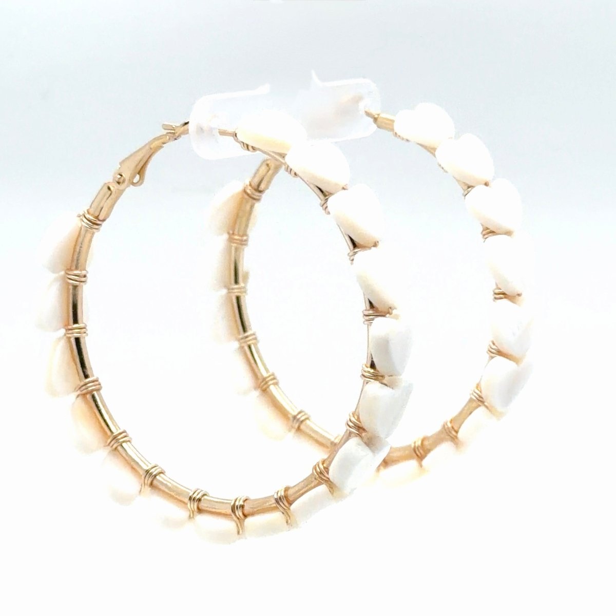White Heart Shell Beaded Gold Hoop Earrings - Large - Maeven in Me