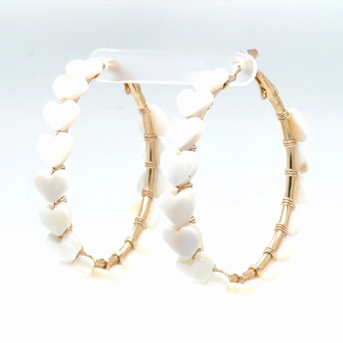 White Heart Shell Beaded Gold Hoop Earrings - Large - Maeven in Me
