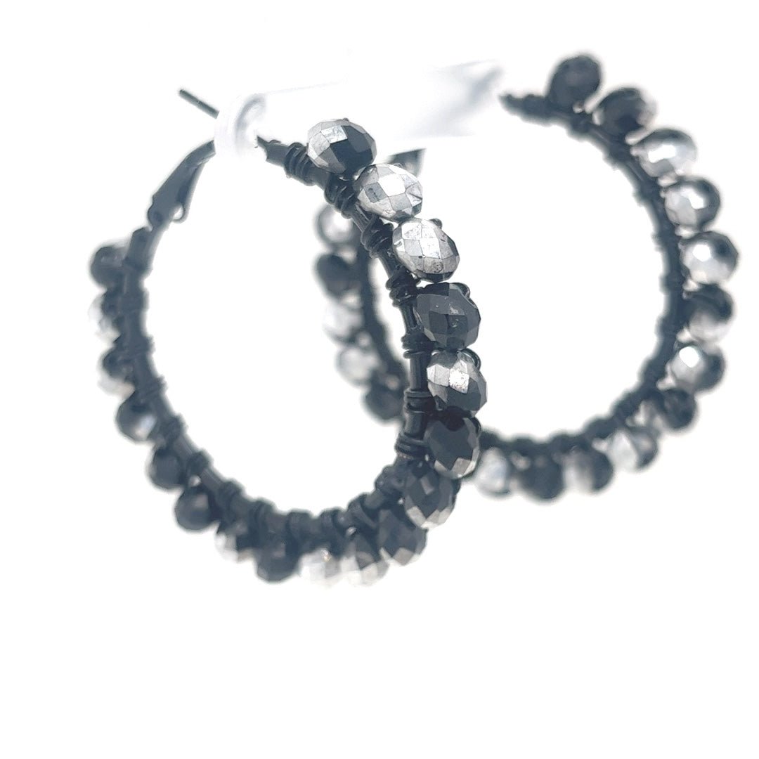 Black & Silver Beaded Black Hoop Earrings Medium - Maeven in Me