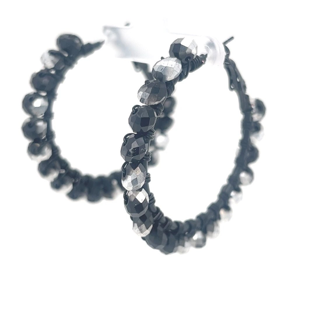 Black & Silver Beaded Black Hoop Earrings Medium - Maeven in Me