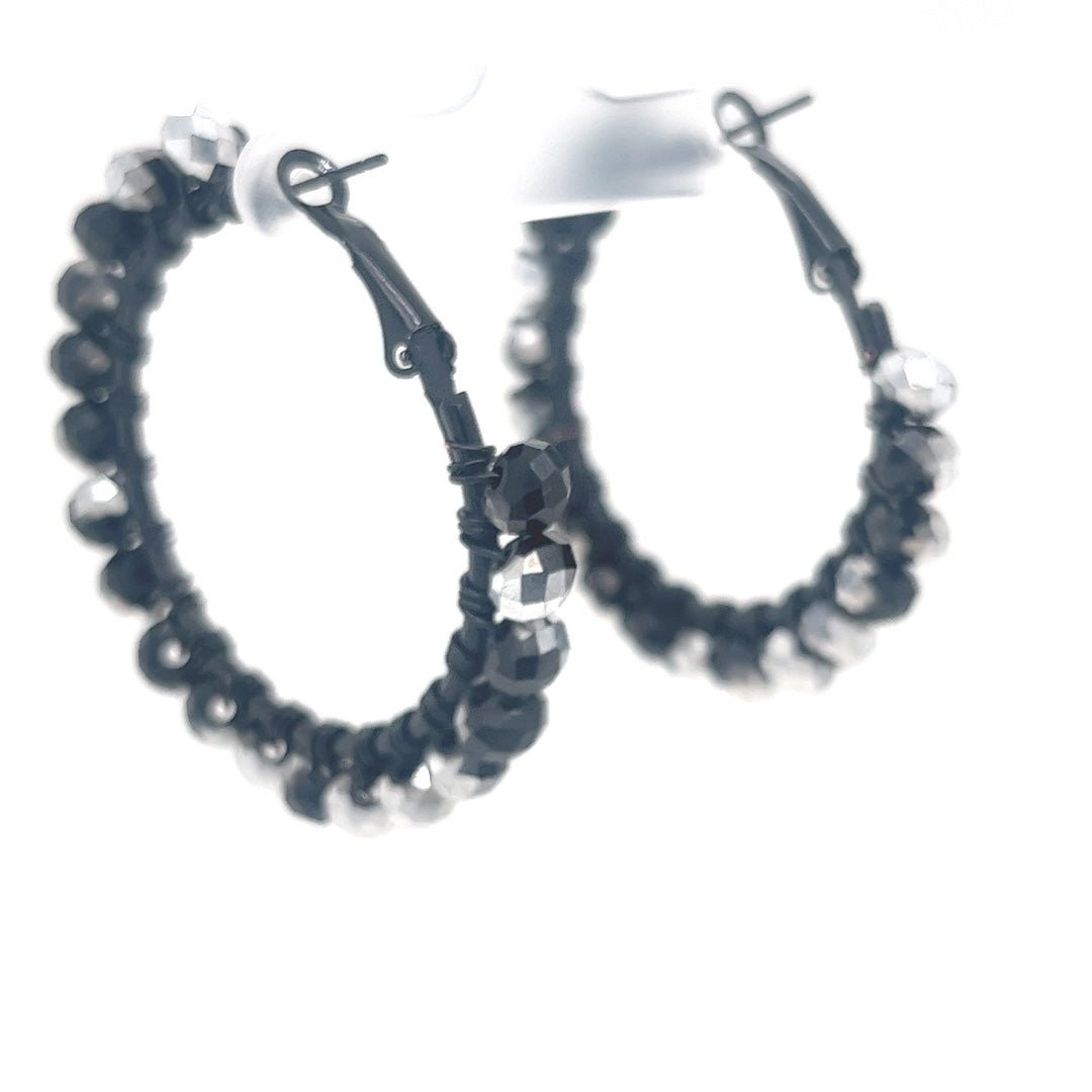 Black & Silver Beaded Black Hoop Earrings Medium - Maeven in Me