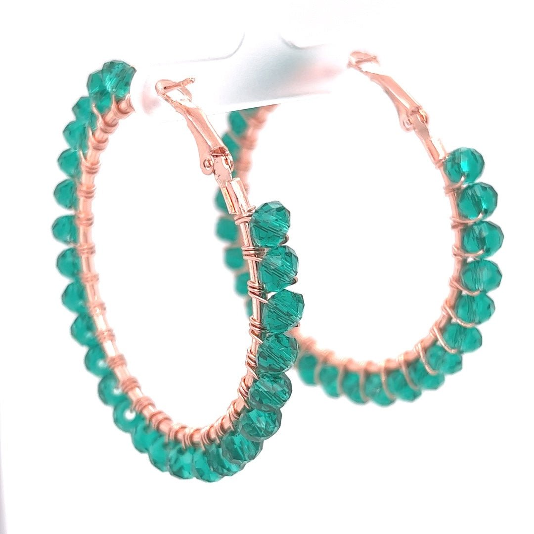 Green Beaded Rose Gold Hoop Earrings Large - Maeven in Me