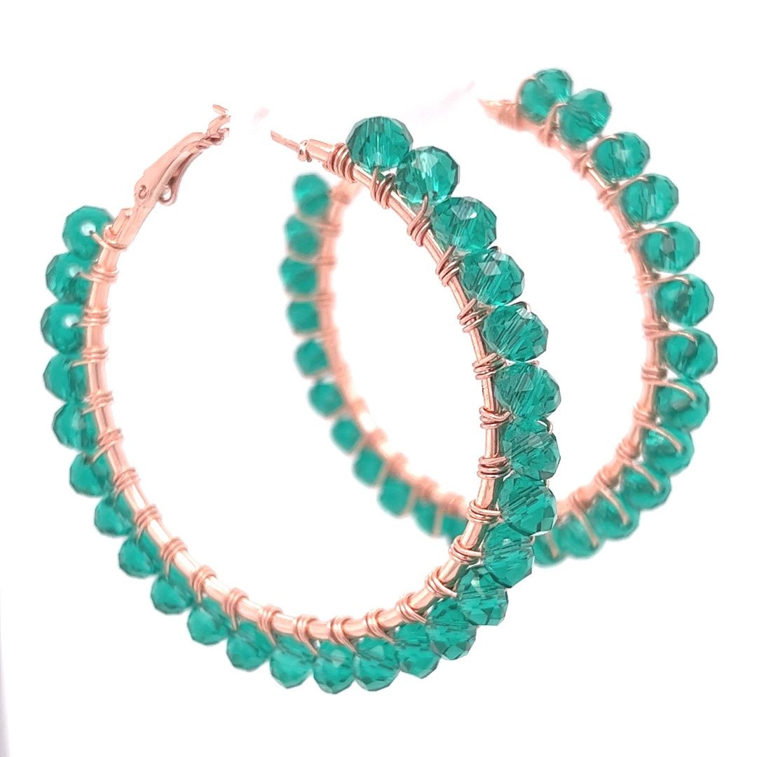 Green Beaded Rose Gold Hoop Earrings Large - Maeven in Me
