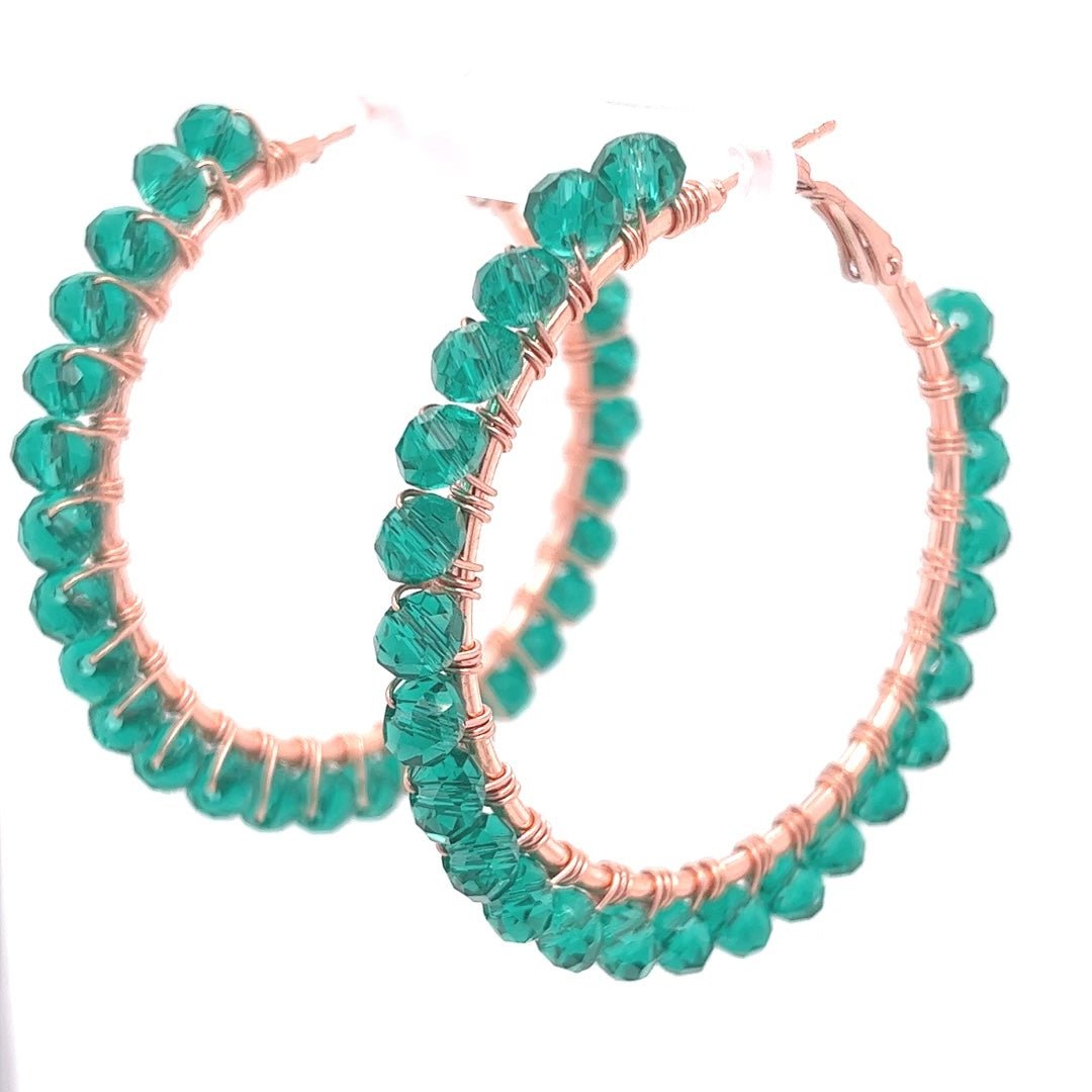 Green Beaded Rose Gold Hoop Earrings Large - Maeven in Me